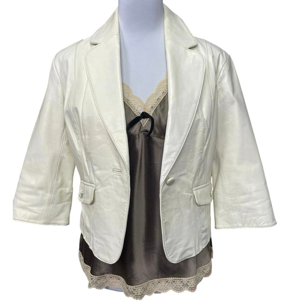 EUC - June Pearlescent Ivory 3/4 Sleeve Cropped Leather Jacket